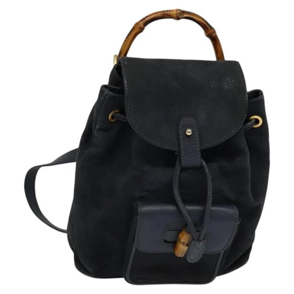 GUCCI Bamboo Backpack Suede Leather Navy Gold 003 1956 0030 Auth BA1984 - Picture 1 of 16
